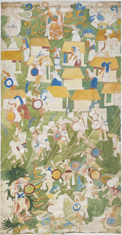 Tracing of a mural painting from the southern panel of the west wall, Upper Temple of the Jaguars, Chichen Itza, Mexico (watercolor & graphite) 作者 阿黛拉·布雷顿（Adela Breton）