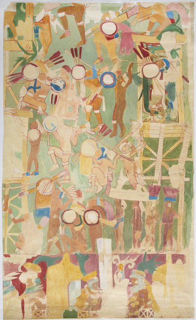 从南墙、内室、美洲虎上圣殿、墨西哥奇琴伊察的大球场追踪壁画（水彩和体色） 作者 阿黛拉·布雷顿（Adela Breton）