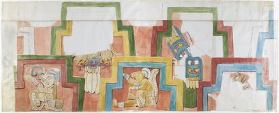 Acanceh 金字塔上寺庙灰泥外墙的水彩复制品 全尺寸 阶梯式框架内的两排人物 图 1-5（水彩） 作者 阿黛拉·布雷顿（Adela Breton）