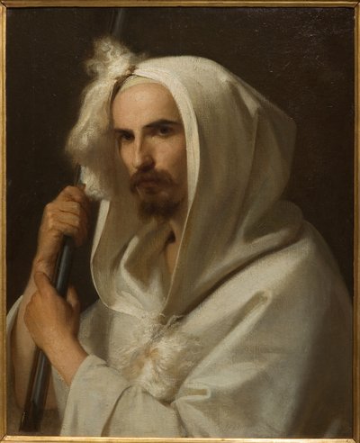 手持步枪和巴拉卡诺的阿拉伯人像 1849 年（布面油画） 作者 Adeodato Malatesta或Malatesti