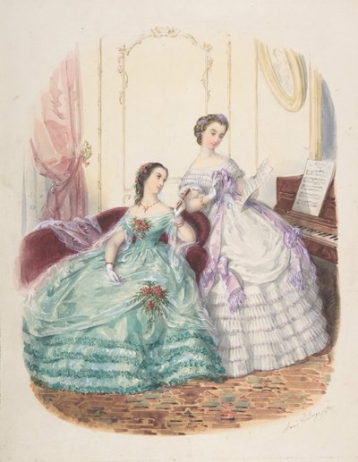 时尚研究：两个穿晚礼服的女人，约1860年。 作者 阿黛尔·安娜伊斯·科林