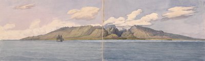 塔希提岛[社会群岛]。1849年8月24日，福陶阿峡谷--岛中央的皇冠山或黛眉山，以及帕皮提镇