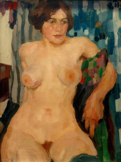 在窗帘前的裸体坐姿 作者 Adolf Hofer