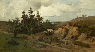 与一座木桥的风景。 1858年 作者 阿道夫·科萨里克（Adolf Kosareek）