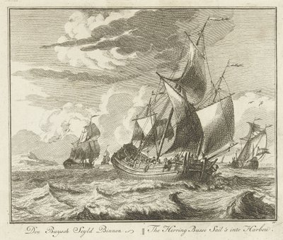 鲱鱼管启航回家，约 1725 年 Den Buysch Seyld Binnen / 鲱鱼巴士驶入巴尔布（物体上的标题） 格鲁特·维塞里（系列名） 作者 彼得·申克 (II)