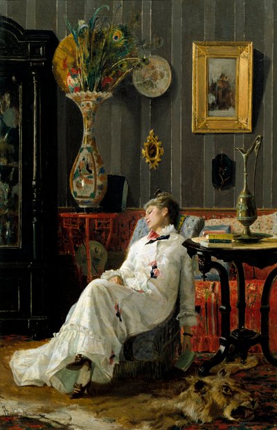 午睡。 阿道夫·贝林博 (Adolfo Belimbau) 的绘画 (1845-1938) 作者 阿道夫·贝林鲍
