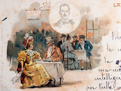 阿道夫·海恩斯坦（Adolfo Hohenstein，1854-1928 年）在贾科莫·普契尼（Giacomo Puccini，1858-1924 年）的歌剧《波西米亚人》首演之际创作的明信片，描绘了第二幕的场景 作者 阿道夫·海恩斯坦