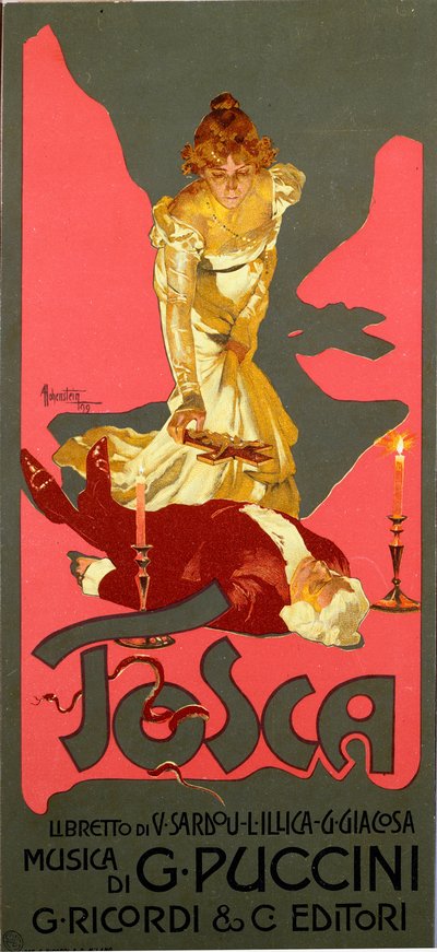 贾科莫·普契尼 (Giacomo Puccini，1858-1924) 1906 年为歌剧《托斯卡》(La Tosca) 创作的自由风格海报。 Adolfo Hohenstein (1854-1928) 米兰私人收藏的 30x13,5 厘米插图 作者 阿道夫·海恩斯坦