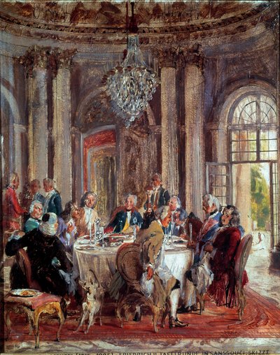 普鲁士的弗雷德里克二世 (1712-1786) 与伏尔泰 (Francois Marie) Arouet de Voltaire (1694-1778) 和 Christoph Ludwig von Stille (1696-1752) 在无忧宫的圆桌会议 - 阿道夫·门泽尔 (Adolf Menzel) 的绘画 (1815- 1905) 作者 阿道夫门泽尔