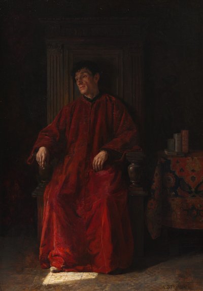 穿红袍的法官，约 1890 年（油画镶板） 作者 阿道夫·查尔斯·爱德华·斯坦海尔