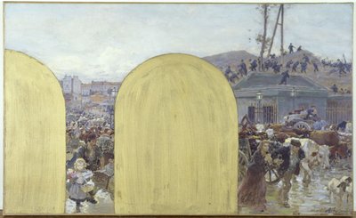 巴黎市政厅厅长内阁草图：郊区居民返回巴黎：1870 年巴黎围城，1895 年（布面油画） 作者 阿道夫·古斯塔夫·比内（Adolphe Gustave Binet）