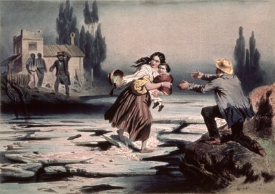 伊丽莎（Eliza）穿越俄亥俄河的浮冰，走向自由，插图出自哈里埃特·比彻·斯托（Harriet Beecher Stowe）的《汤姆叔叔的小屋》，查尔斯·布尔（Charles Bour）（1814-81）雕刻（平版印刷）（另请参见90903） 作者 阿道夫·让·巴蒂斯特（Adolphe Jean-Baptiste）