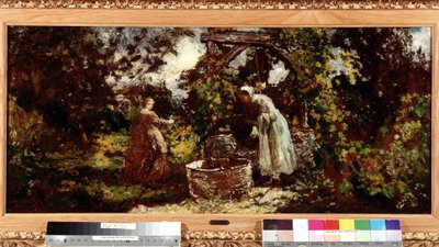 阿道夫·蒙蒂塞利 (Adolphe Monticelli，1824-1886) 的画作《井边的优雅人和她的女仆》。 34,5x69,5 cm 强制提及：普罗旺斯、马赛收藏基金会的问候 作者 阿道夫·约瑟夫·托马斯·蒙蒂切利