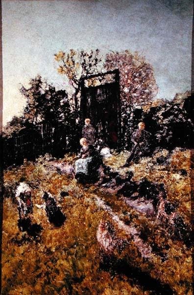 有人物和山羊的风景，1866年以前（油画板）。 作者 阿道夫·约瑟夫·托马斯·蒙蒂切利