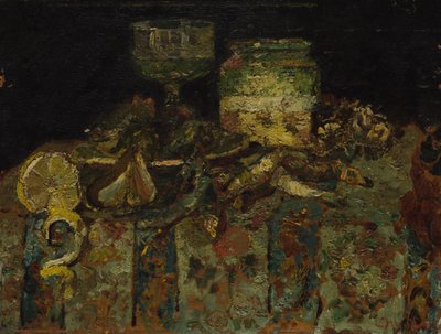 静物：牡蛎，鱼，角c。 1880年 作者 阿道夫·约瑟夫·托马斯·蒙蒂切利
