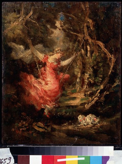 阿道夫-托马斯-约瑟夫（Adolphe Thomas Joseph）-蒙蒂切利（1824-1886 年）的绘画作品 "Sur la balancoire"（秋千上）。木板油画。莫斯科普希金博物馆 作者 阿道夫·约瑟夫·托马斯·蒙蒂切利