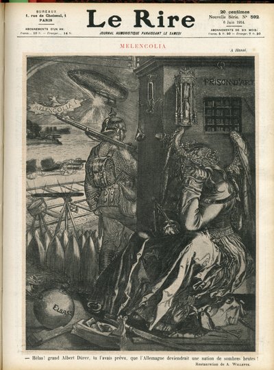 Adolphe dit Willette (1857-1926)为《Lire》杂志封面所作的插图，14年6月6日 - "Helas，伟大的Albert Durer，你曾预言德国将成为一个黑暗的国家!"- Melancolia - 战争, 德国普鲁士 - 杜勒 作者 阿道夫·莱昂·威莱特