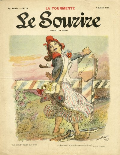 Adolphe dit Willette (1857-1926)为《微笑》杂志封面所作的插图，第28期，14年7月9日--Le coup dans le dos--民族主义，法国大革命，14-18年第一场战争，边境--Marianne 作者 阿道夫·莱昂·威莱特