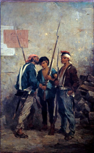 Revolution of 1848: “” the slogan”””” Parisian insurges passing the word near the barricades in the day of 24/02/1848. Painting by Adolphe Pierre Leleux (1812-1891) 1848 Sun. 0,93x0,58 m 作者 阿道夫·皮埃尔·勒勒