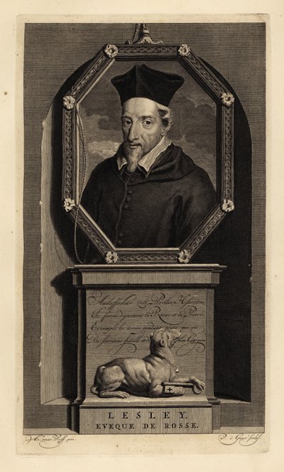 John Lesley, Scottish historian and Bishop of Ross. Eveque de Rosse. Dog with key. Copperplate engraving by Pieter Stevens van Gunst after Adriaen van der Werff from Isaac de Larrey’s Histoire d’Angleterre, d’Ecosse et d’Irlande, Amsterdam   1467098   zh   作者 阿德里安·范德（Adriaan van der）（后）·韦尔夫