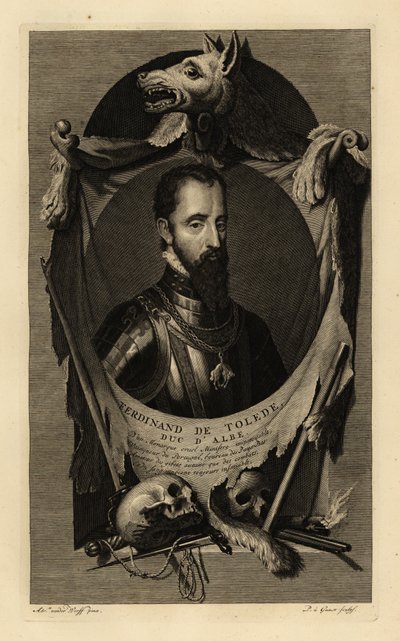 阿尔巴三世公爵费迪南德-阿尔瓦雷斯-托莱多-皮门特尔（Ferdinand Alvarez de Toledo y Pimentel）或铁公爵的肖像。身着铠甲，佩戴金羊毛勋章链。狼皮、人头骨、剑、匕首和燧发枪。阿尔贝公爵费迪南德-德-托勒德。铜制 作者 阿德里安·范德（Adriaan van der）（后）·韦尔夫