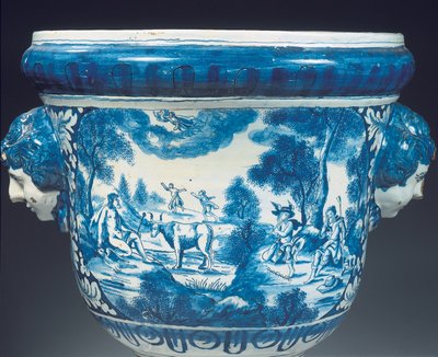 1700年（陶瓷）巴洛克风格的大型代尔夫特蓝色和白色神话花园骨灰盒的背面细节 作者 阿德里安（fl.1868 d.1701）（attr.to）考克斯（Kocks）