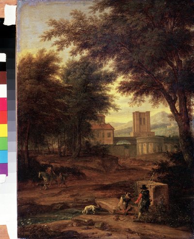 "Paysage italien avec pelerins"（有朝圣者的意大利风景画） Peinture de Adriaen Frans Boudewijns (1644-1711) Musee Pouchkine, Moscou 作者 阿德里安·布德温斯