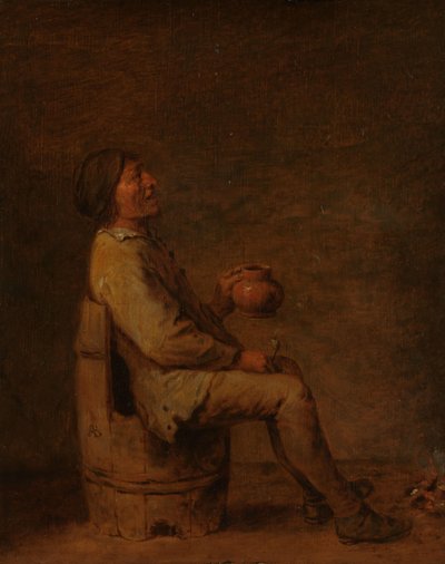 坐在室内手持烟斗和酒壶的男子 作者 Adriaen Brouwer（可能之后复制）