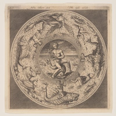 海豚上的阿里翁，周围有海兽装饰的边框，选自一套盘子设计（Fonds de Coupe） 作者 阿德里亚恩·科拉特