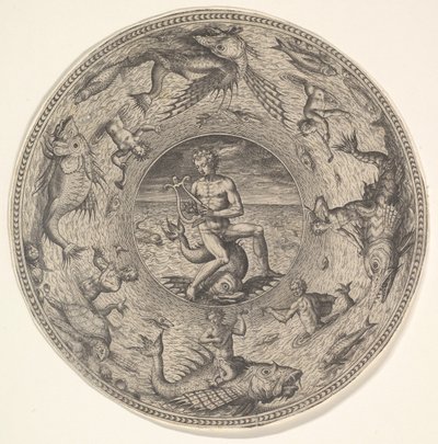 1580-1600年，海豚在由海生物装饰的边界所包围的海豚上，从一组...，1580-1600。 作者 阿德里亚恩·科拉特