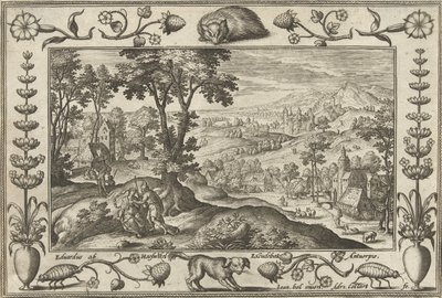 犹大和他玛
带有《圣经》、神话场景和狩猎场景的风景画（系列名称） 作者 埃杜瓦特·范·霍斯温克尔