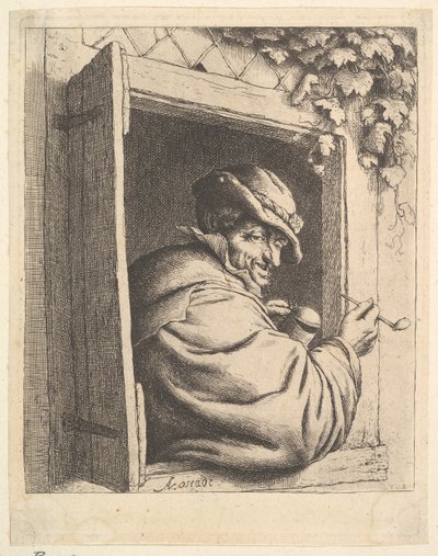吸烟者在窗户旁，1610-185。 作者 阿德里亚恩·扬斯（Adriaen Jansz）。范·奥斯塔德