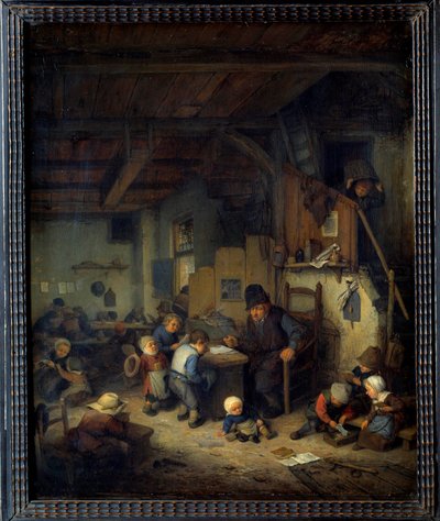 校园场景班的主人，一个老老师，带着喜欢背景的小学生。 Adrien van Ostade (1610-1685) 1662 年作画。 0,4x0,32 m 作者 阿德里亚恩·扬斯（Adriaen Jansz）。范·奥斯塔德