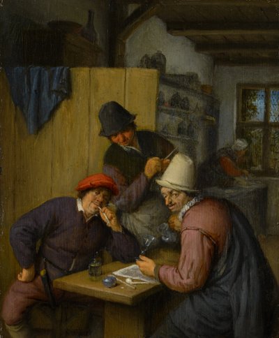 1666-67，酒馆里有三名饮酒和吸烟农民 作者 阿德里亚恩·扬斯（Adriaen Jansz）。范·奥斯塔德