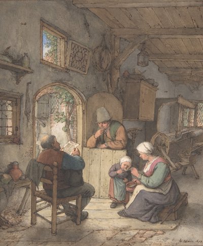 1673年，在纺织厂的小屋里读新闻。 作者 阿德里安·范·奥斯塔德