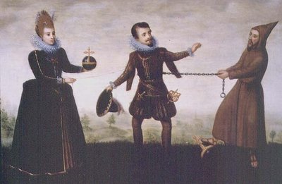 关于虔诚的阿尔伯特大公放弃托莱多大主教职位以便在1598年与伊莎贝拉-克拉拉-欧亨尼娅女皇结婚的讽刺诗 作者 Adriaen van de (workshop of) Venne