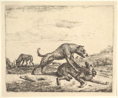 斗狗，来自不同动物，1657年。 作者 阿德里亚恩·范·德·韦尔德