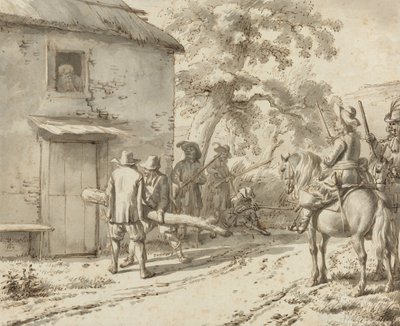 士兵强行打开一扇门，1669年（钢笔和墨水画） 作者 阿德里亚恩·范·德·韦尔德