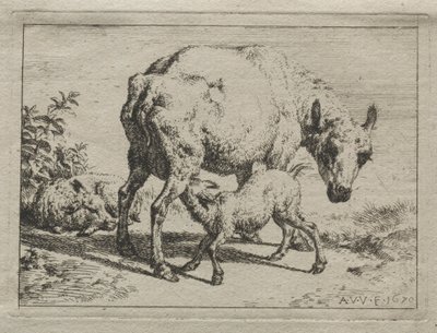 母羊和两只小羊，1670年。 作者 阿德里亚恩·范·德·韦尔德