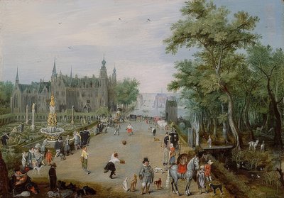 在宫殿前面的Jeu de Paume游戏。约于1614年 作者 阿德里亚恩·范·德·范纳