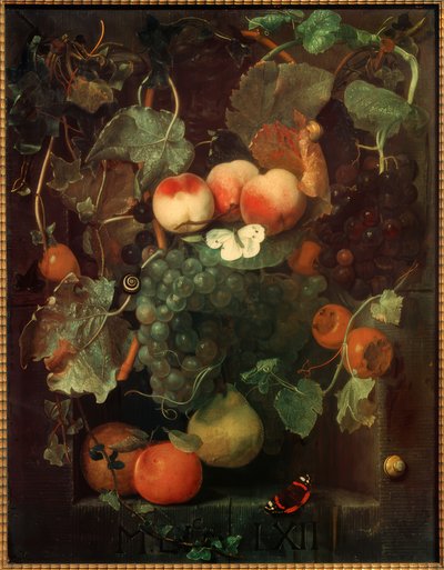 蝴蝶和蜗牛的水果静物画 作者 阿德里安·范德斯佩尔特