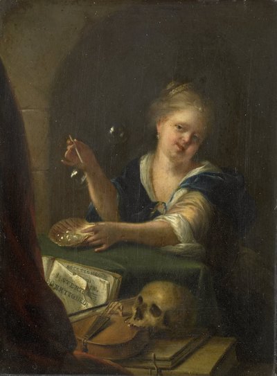 吹泡泡的女孩与梵尼塔斯静物画 作者 Adriaen van der Werff (人)