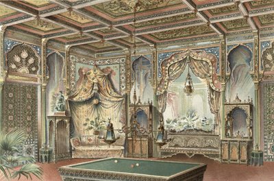 摩尔式台球室，插图来自“La Decoration Interieure”，出版于 1893-94 年（彩色平版印刷） 作者 阿德里安（后）西蒙尼顿