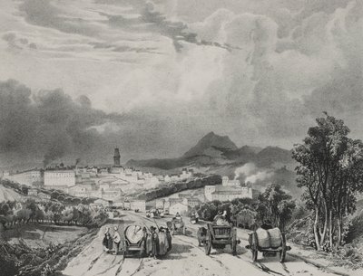 里奥姆的全景，奥弗涅，1829年。 作者 阿德里安·道扎兹（Adrien Dauzats）