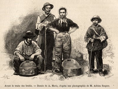 Before the sheep trade, all the staff of the farm were employed on this spot, boy, servant, under the supervision of the shepherd, milk was collected in the seilles (metal vase etame), engraving after a drawing by A.Marie, illustrating a journey to Roquefo 作者 艾德里安·伊曼纽尔·玛丽