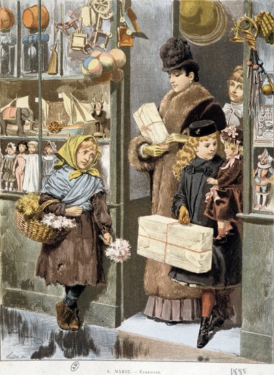 在富人出来的玩具店出口处卖小花束的可怜女孩（圣诞节购物？） - Adrien Marie 作画 作者 艾德里安·伊曼纽尔·玛丽
