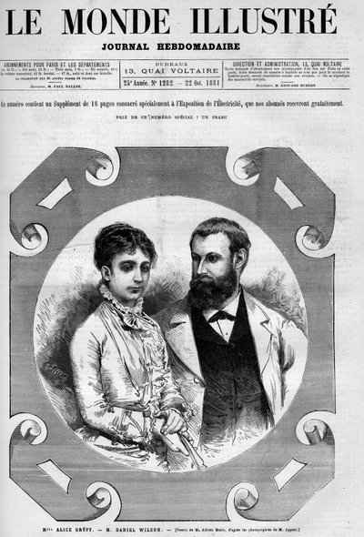 法国政治家丹尼尔-威尔逊（1840-1919）和他的妻子爱丽丝-格雷维的画像。雕刻者：阿德里安-玛丽。10月22日第1282期《图画世界》之一 作者 艾德里安·伊曼纽尔·玛丽