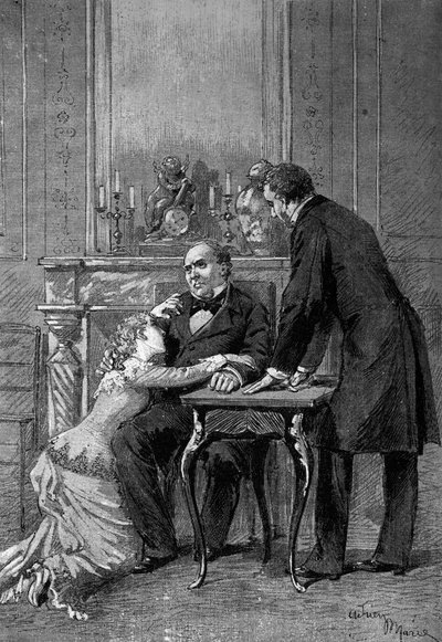 戏剧表演："Jean Baudry "第一幕，由Auguste Vacquerie（1819-1895）导演，Melle Bertet（Andree），M. Barre（Bruel），Edmond Got（1822-1901）（Jean Beaudry）。巴黎，法兰西喜剧院 作者 艾德里安·伊曼纽尔·玛丽