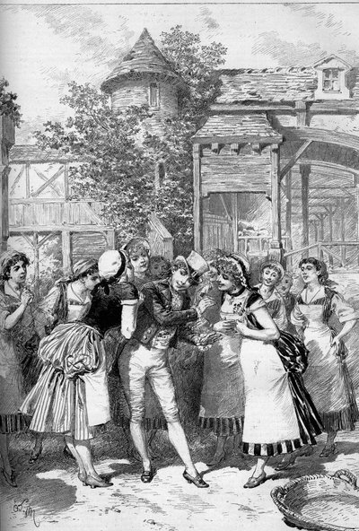 美丽的尼古拉被村里的姑娘们包围着。朱丽叶-西蒙-吉拉德（Juliette Simon-Girard）（1859-1959）在歌剧《美丽的尼古拉》（第二幕）中饰演尼古拉，该剧由尤金-勒特里耶（1843-1884）、阿尔伯特-凡罗（1846-1920）的剧本和一个 作者 艾德里安·伊曼纽尔·玛丽