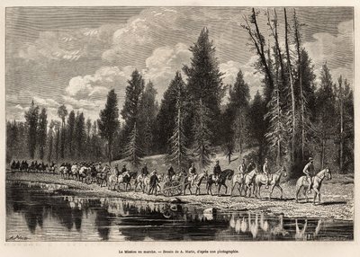 沿亨利河前往海登山的整个地理任务，以 A.Marie 的画作雕刻，说明了 1870 年至 1872 年间由海登、多恩和兰福德先生在美国国家公园进行的一系列地理任务，pu 作者 艾德里安·伊曼纽尔·玛丽